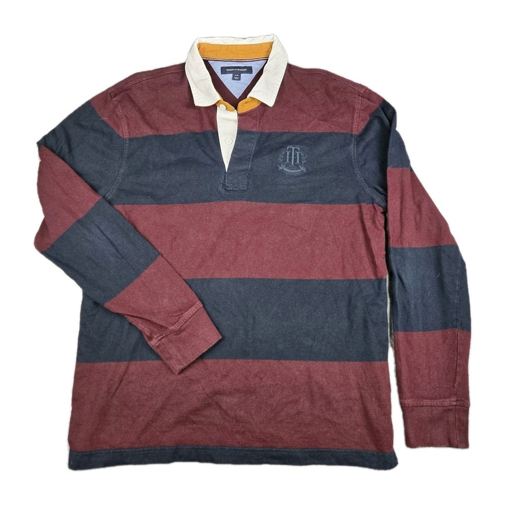 Tommy Hilfiger Rugby Shirt Mens Large Burgandy Navy Striped Embroidered Preppy